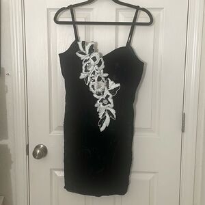 Argenti Vintage Velvet Little Black Dress with White and Black Sequins Size Med